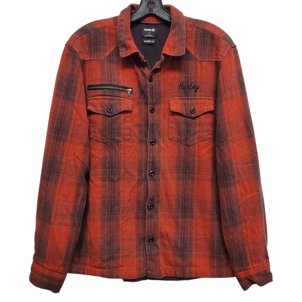 HURLEY Jacket Mens Large Red Black Striped Flannel Classic Fit Button Up Shacket